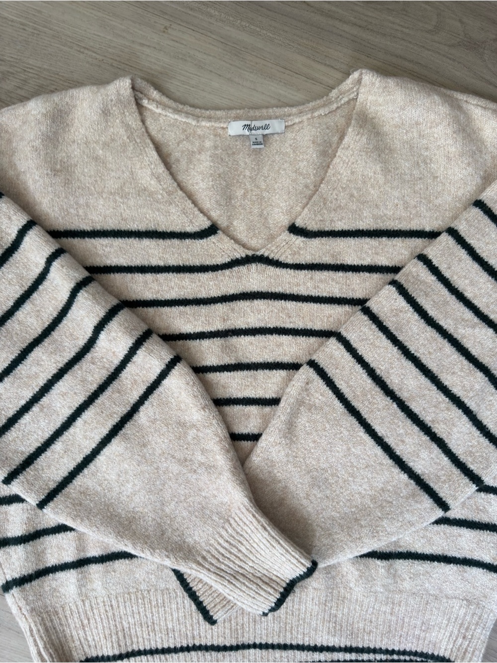 Madewell Beige V-Neck Sweater with Dark Green Stripes
Size: Small